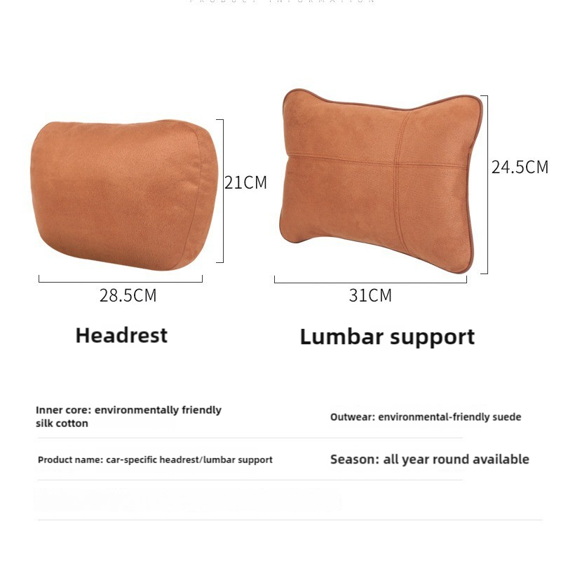 Beige Luxury Eco-Friendly Suede Car Headrest and Lumbar Cushion Set - Ergonomic Support, All-Season Comfort, Adjustable Straps, and Durable Design for Cars, Office, and Home Use