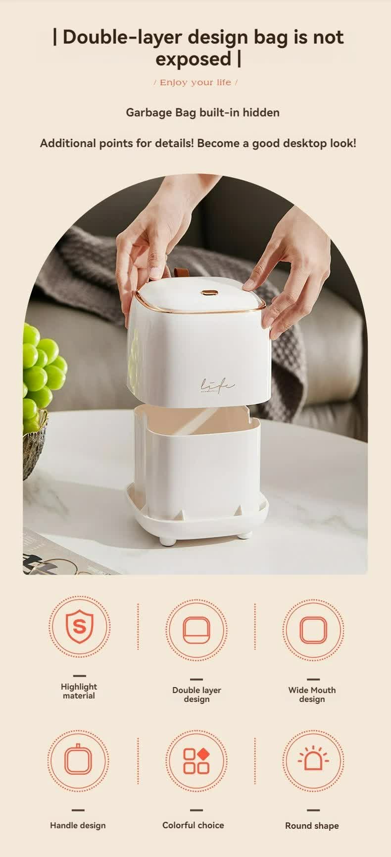 Light Green Portable Tabletop Trash Can with Dual-Layer Design - Convenient for Desk Organization