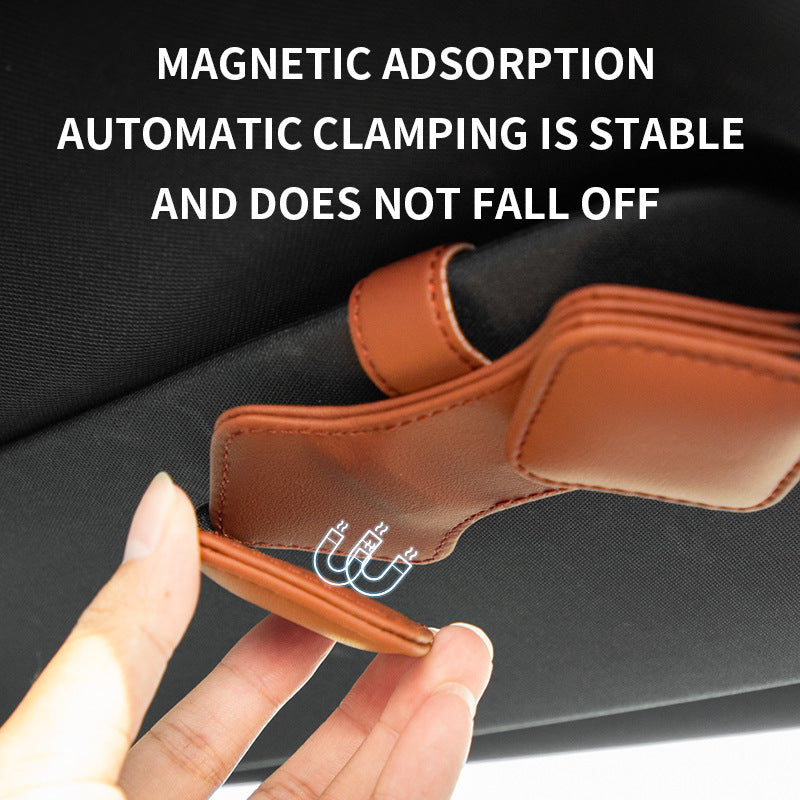 2 Pcs Brown Car Sun Visor Glasses Holder Clip with Dual Magnetic Clamps - PU Leather, Anti-Slip, and Multi-Functional Storage