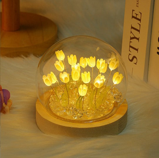(Ten Yellow Tulips) Glowing Tulip Dome Lamp - Wooden Base, Bedside Table Decoration