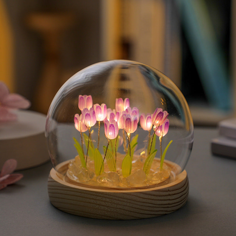 (Ten Purple Tulips) Glowing Tulip Dome Lamp - Wooden Base, Bedside Table Decoration