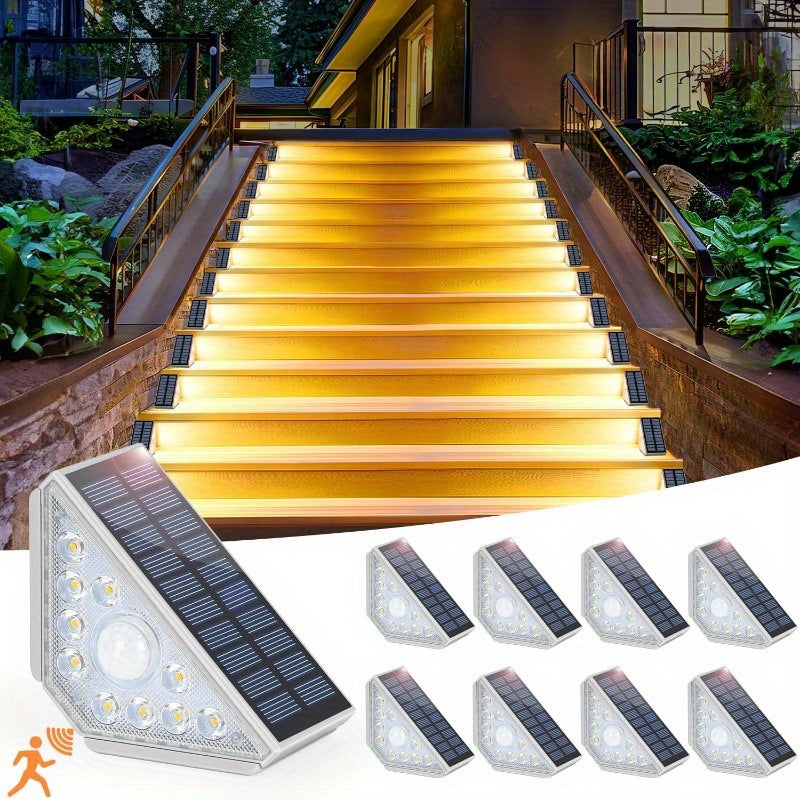 4 Pcs White Bright 14-LED Solar Powered Step Lights - Automatic Outdoor Waterproof Illumination for Stairs, Deck, Pathway & Garden (Warm White)