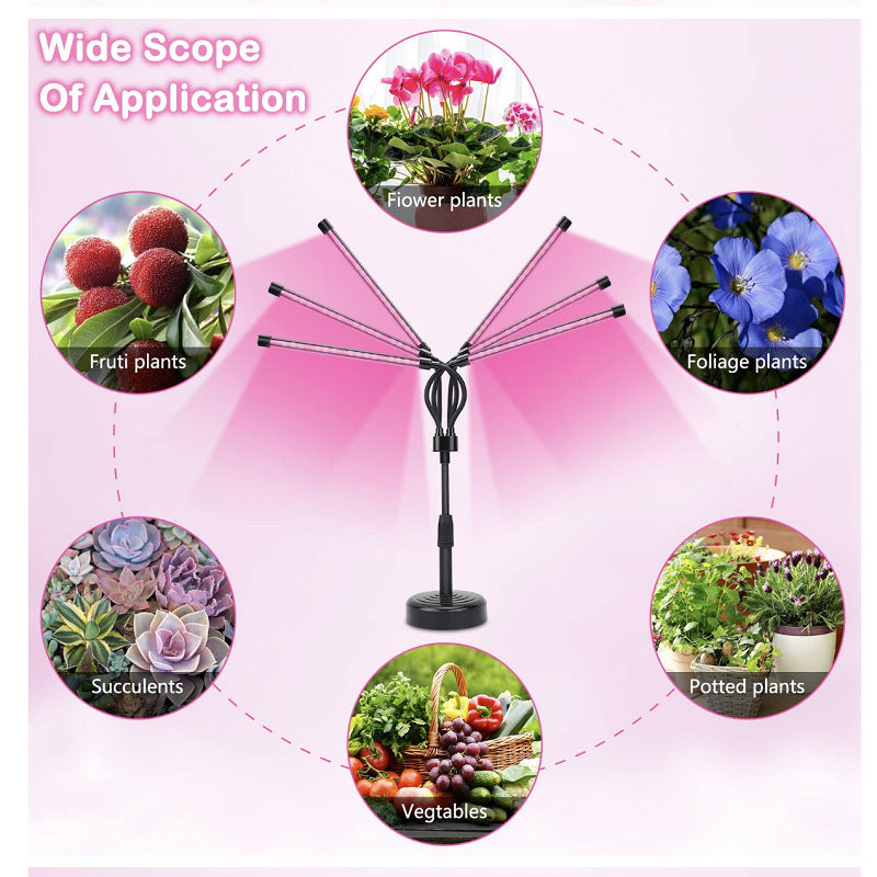 Black Adjustable 4-Head LED Grow Light - Full Spectrum Desktop Plant Lamp with Telescopic Stand, USB Powered for Indoor Seedlings & Flowers