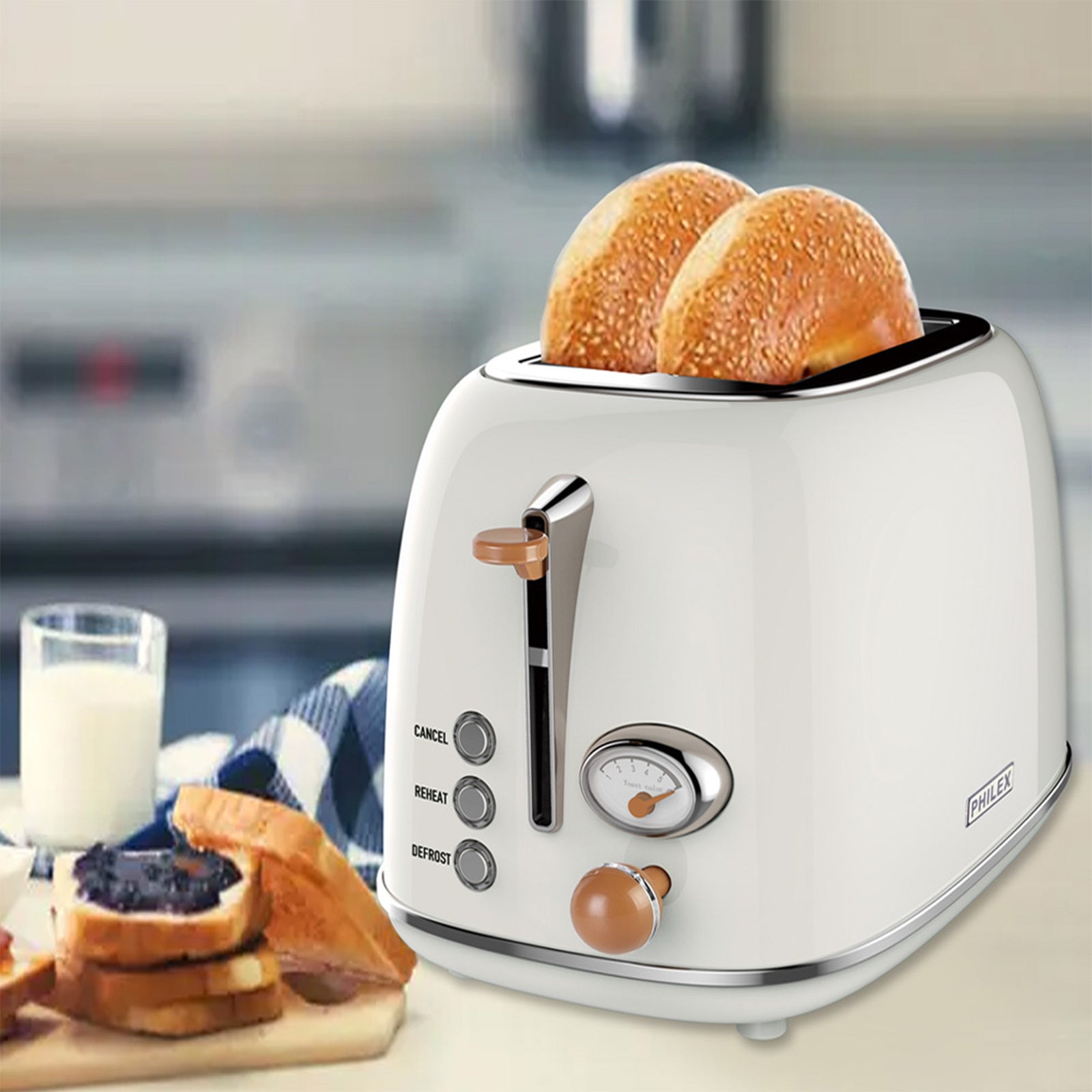 PHILEX 2-Slice Electric Toaster Bread Reheat Defrost Retro Retro IVORY