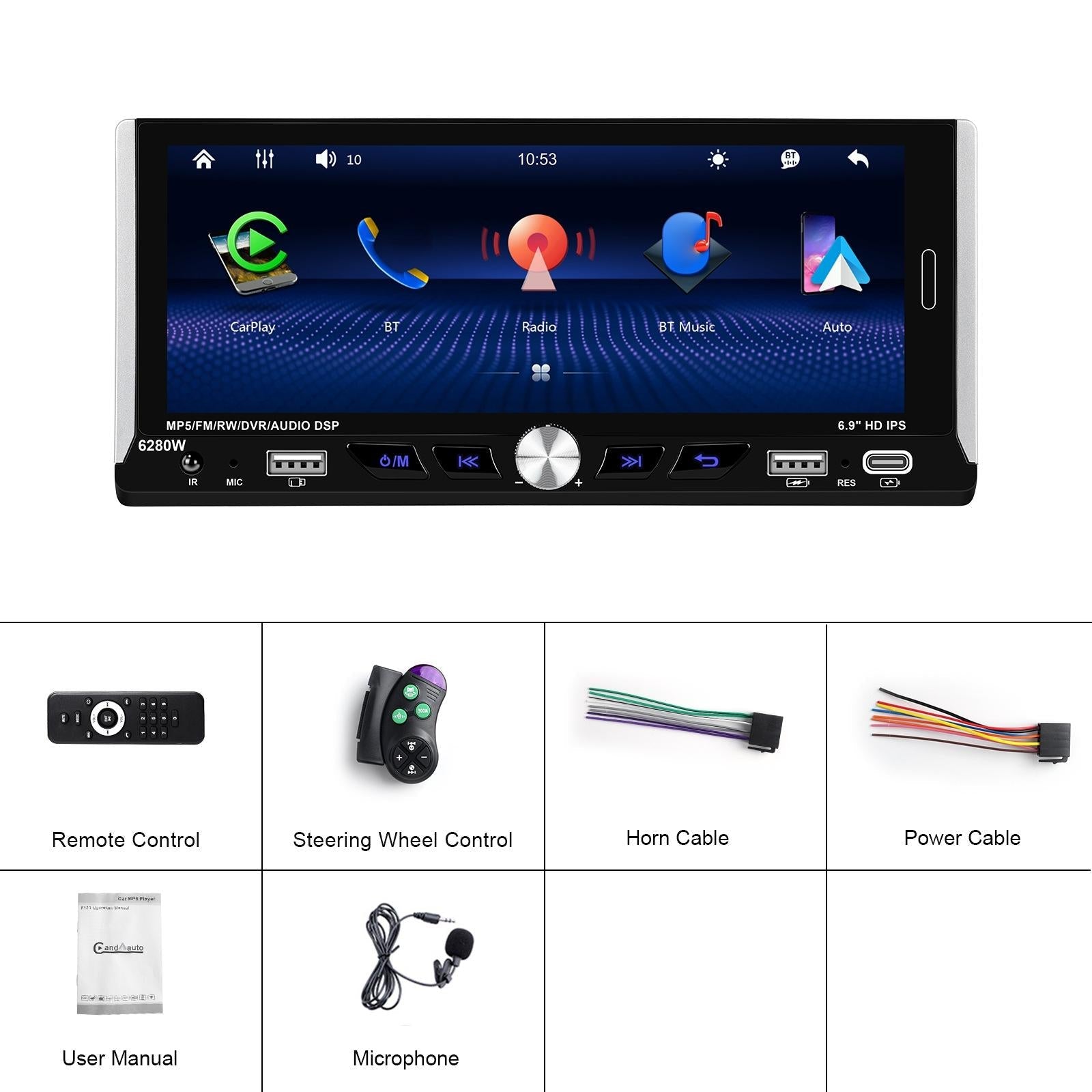 6.9 Inch Car Mp5 Player With Carplay Function & Backup Camera - Standard + 12 Light Camera