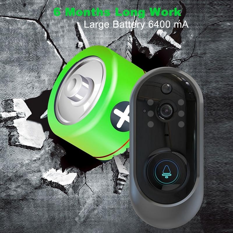 Smart Wifi Video Doorbell With Remote Monitoring & Voice Intercom - 720P 6400Mah Black