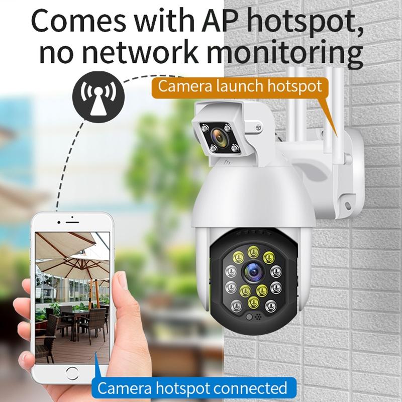 Waterproof Panoramic Ptz Wifi Camera With Dual Lens 1080P Resolution Two-Way Voice Intercom Smart Alarm And Video Playback. Supports Day / Night Full Colour And 128Gb Tf Card.