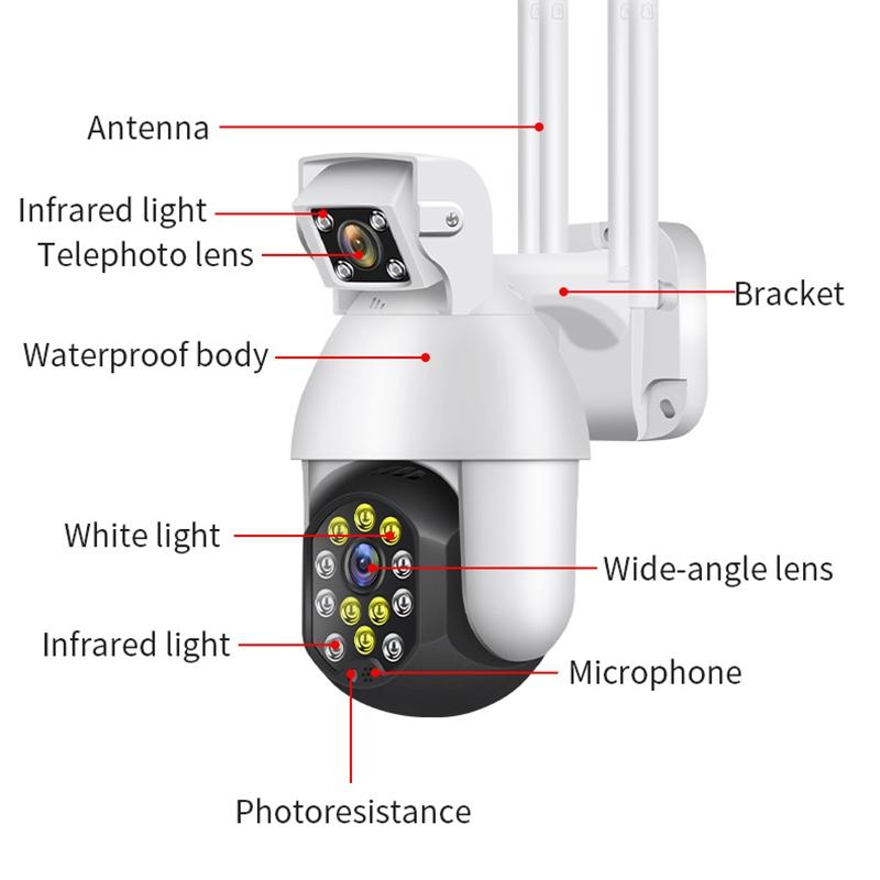 Waterproof Panoramic Ptz Wifi Camera With Dual Lens 1080P Resolution Two-Way Voice Intercom Smart Alarm And Video Playback. Supports Day / Night Full Colour And 128Gb Tf Card.