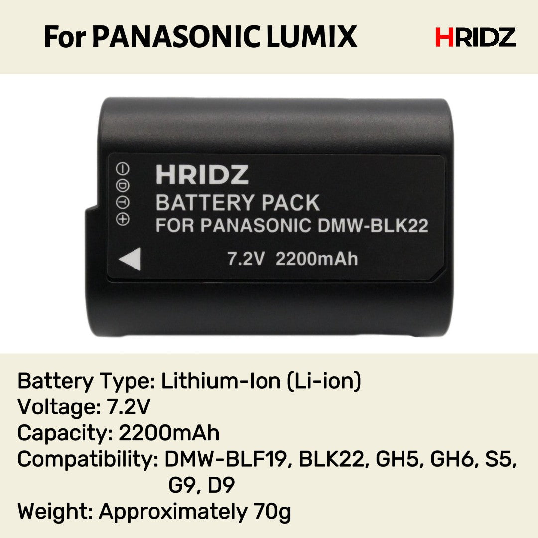 Hridz BLK22 Battery and Dual charger pack for Panasonic DMW-BLK22 LUMIX DSLR - combo-pack