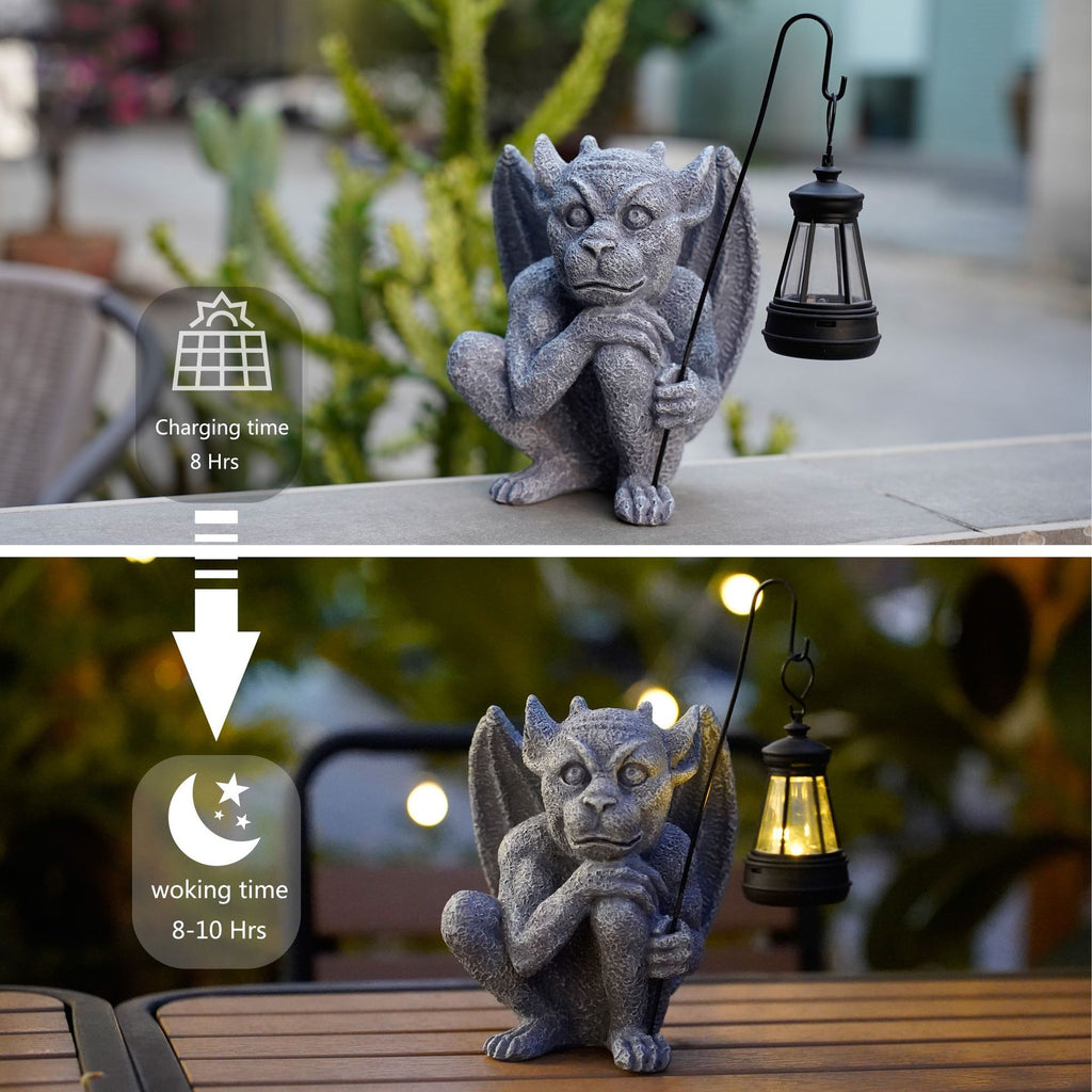 Solar-Powered Gargoyle Statue with LED Lantern – Gothic Outdoor Halloween Garden Decor