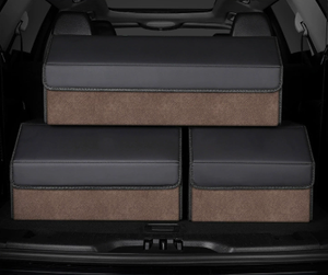 Medium Sized Tumbled Leather Brown Foldable Car Trunk Storage Box - Large Capacity Insertable Rear Organizer