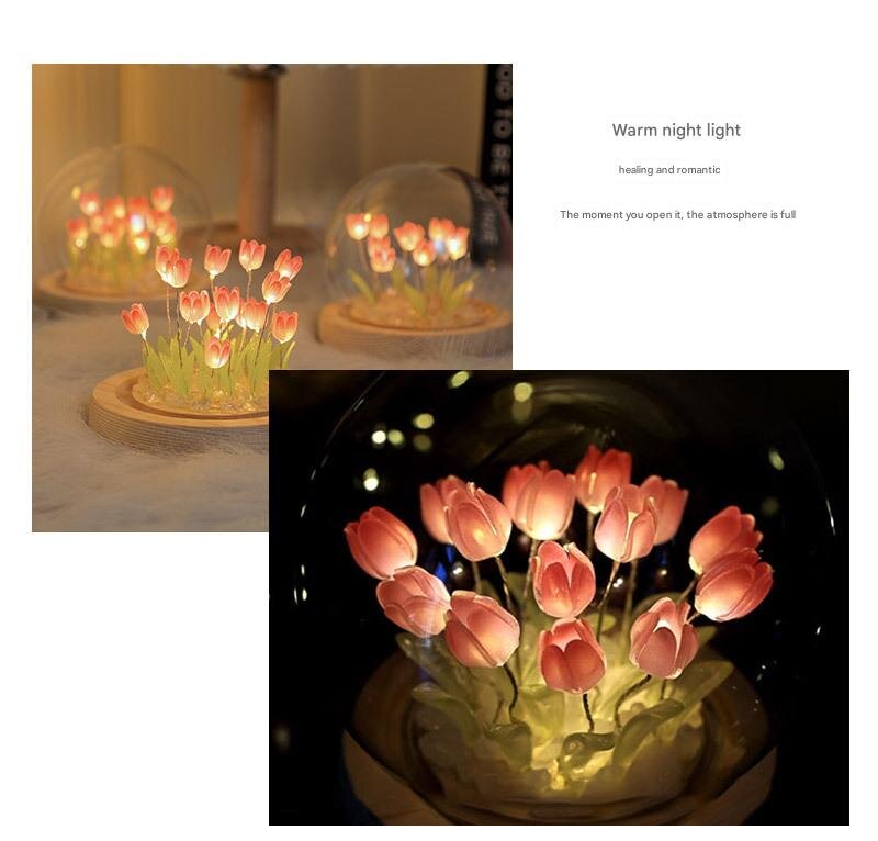 (Ten Pink Tulips) Glowing Tulip Dome Lamp -  Wooden Base, Bedside Table Decoration