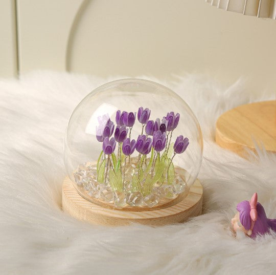 (Twenty Purple Tulips) Glowing Tulip Dome Lamp -  Wooden Base, Bedside Table Decoration