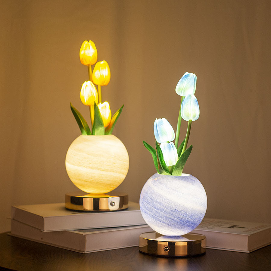 Blue Tulip Night Light with Realistic Bouquet - Dreamy Planet LED Mood Lamp for Bedroom Decor with 3-Color Touch Dimming
