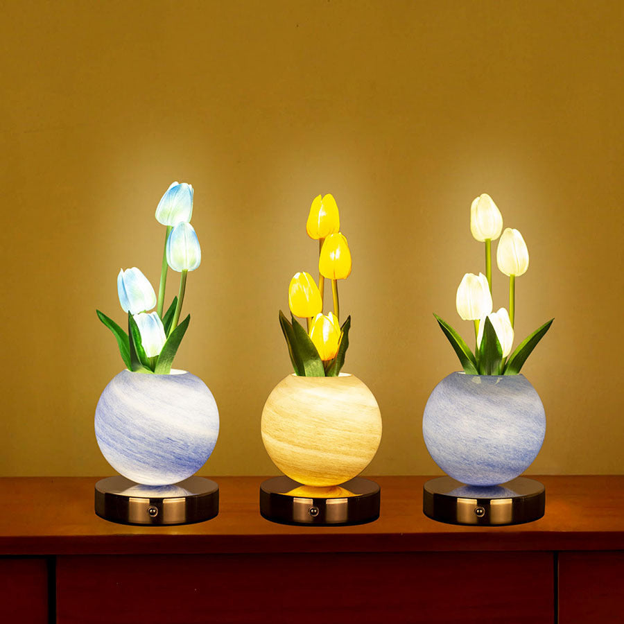 Yellow Tulip Night Light with Realistic Bouquet - Dreamy Planet LED Mood Lamp for Bedroom Decor with 3-Color Touch Dimming