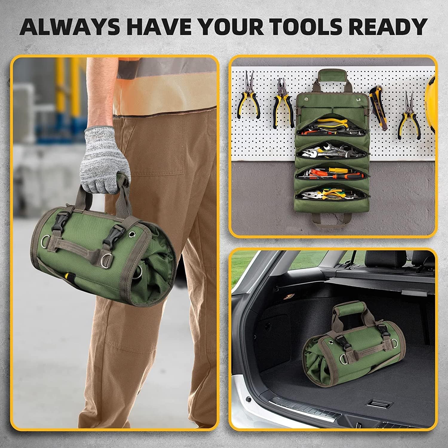 Green Heavy Duty Roll-Up Tool Bag Organizer - Waterproof Oxford Fabric Pouch with Multiple Pockets