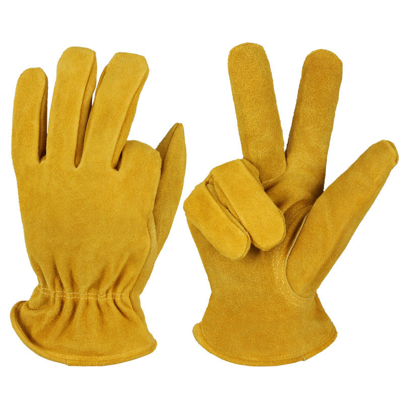 L Yellow Durable Cowhide Work Gloves - Insulated Windproof Anti-Slip for Outdoor Handling & Cycling