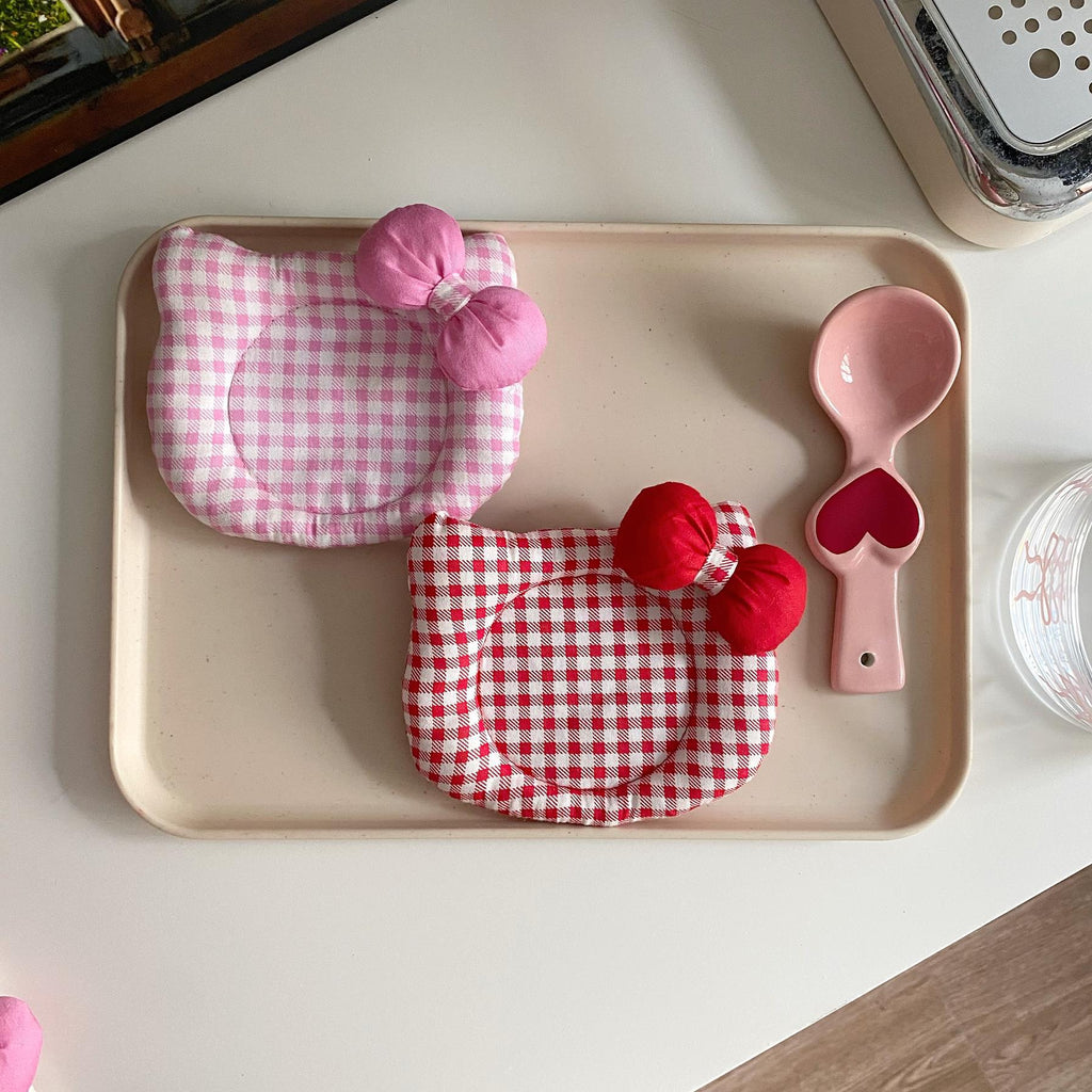 Korean INS Kitty Quilt Insulation Pad, Cute Fabric Kitchen Mat, Desktop Decoration (Pink plaid)