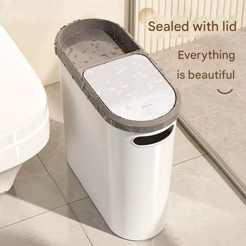 Slim Press-Top Trash Can with Top Storage Compartment - Narrow Design for Bathroom & Small Spaces(White cover + ash bucket)