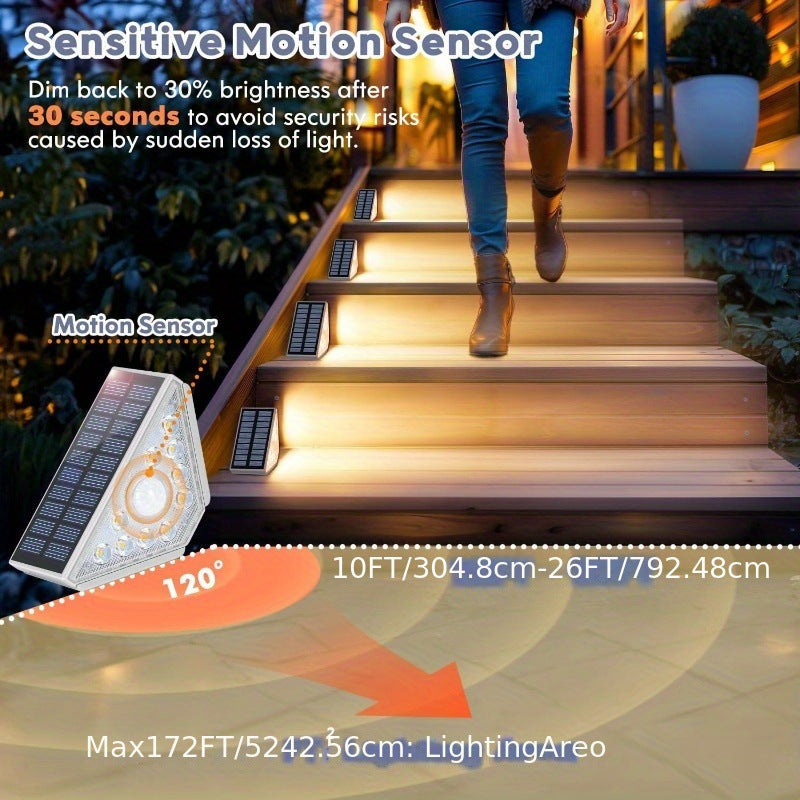 4 Pcs White Bright 14-LED Solar Powered Step Lights - Automatic Outdoor Waterproof Illumination for Stairs, Deck, Pathway & Garden (Warm White)
