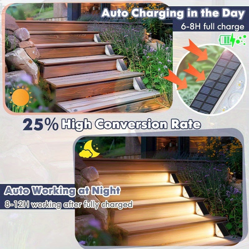 4 Pcs White Bright 14-LED Solar Powered Step Lights - Automatic Outdoor Waterproof Illumination for Stairs, Deck, Pathway & Garden (Warm White)