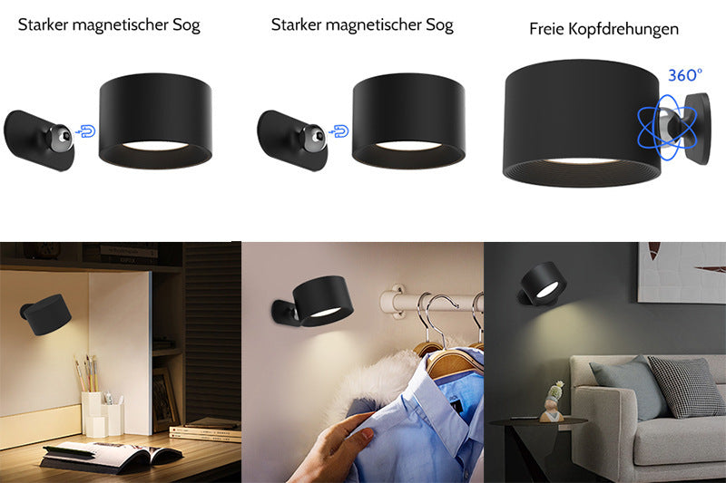 Black Rechargeable LED Magnetic Wall Light - Touch Control, 3 Colors & Dimmable, USB Portable Night Lamp for Reading & Cabinets