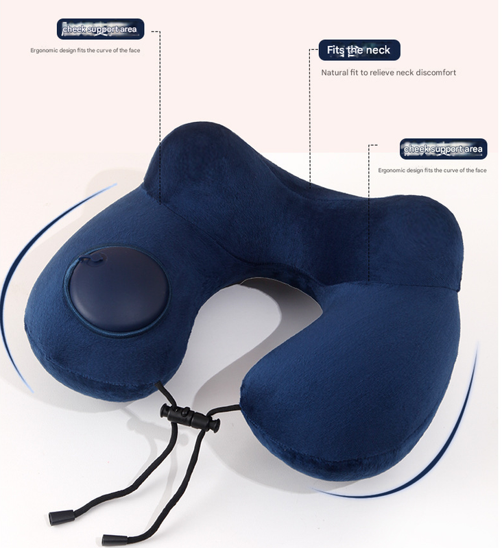 Black Press-to-Inflate Travel Neck Pillow - Ergonomic U-Shaped Cushion for Airplane and Car