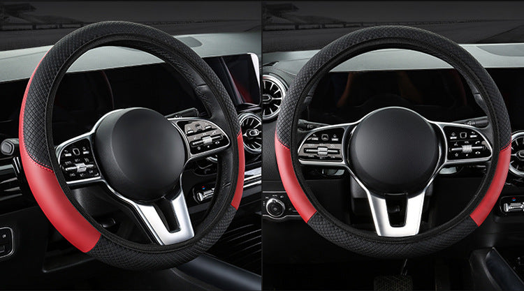 2-Pack (Type A + Type B) Red And Black Sporty Carbon Fiber Leather Steering Wheel Cover - Universal 38cm Easy-Fit Elastic Grip