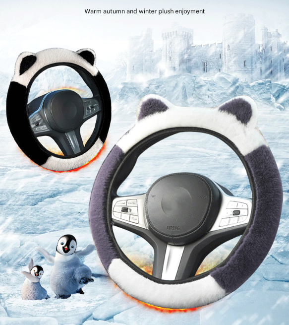 White Plush Cat Ear Steering Wheel Cover - Cute & Fuzzy Winter Grip, Universal 38cm Fit