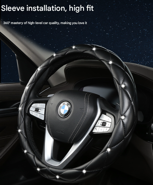 White Luxury Bling Steering Wheel Cover - Black Quilted Leather with Crystal Rhinestones, Universal 38cm Fit