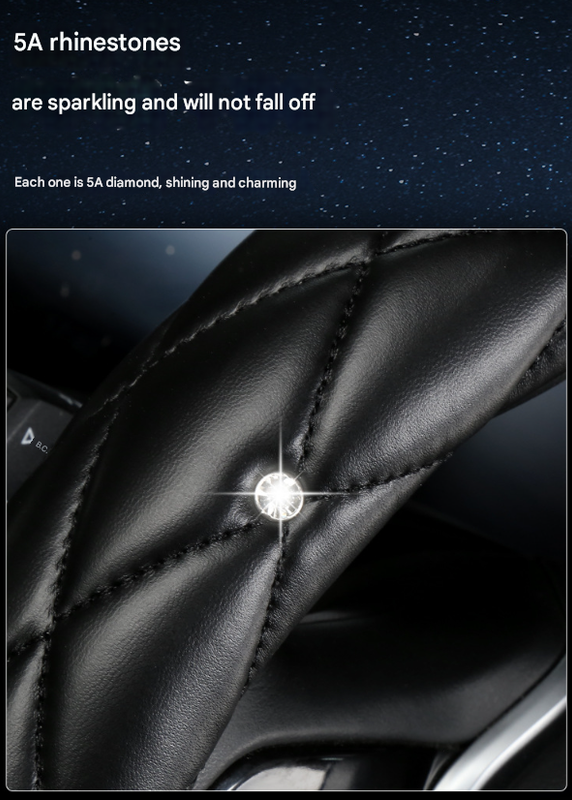 Rose Red Luxury Bling Steering Wheel Cover - Black Quilted Leather with Crystal Rhinestones, Universal 38cm Fit