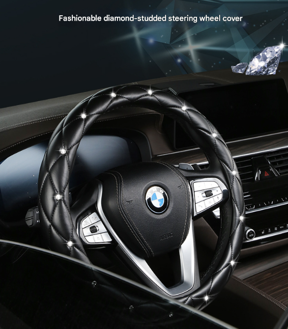 Purple Luxury Bling Steering Wheel Cover - Black Quilted Leather with Crystal Rhinestones, Universal 38cm Fit