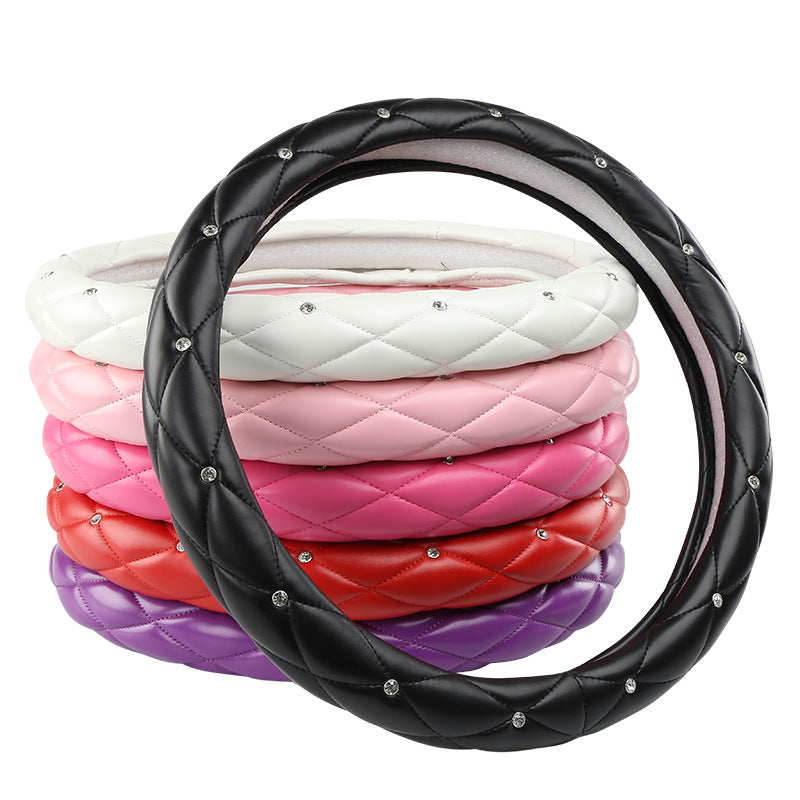 Purple Luxury Bling Steering Wheel Cover - Black Quilted Leather with Crystal Rhinestones, Universal 38cm Fit